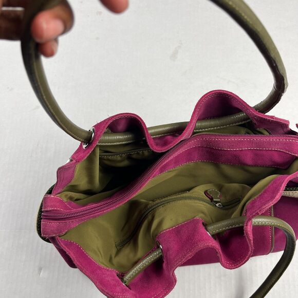 Cole Haan Fuchsia Suede Shoulder Bag Olive Trim Leather Strap Boho Slouchy Tote - Picture 7 of 14